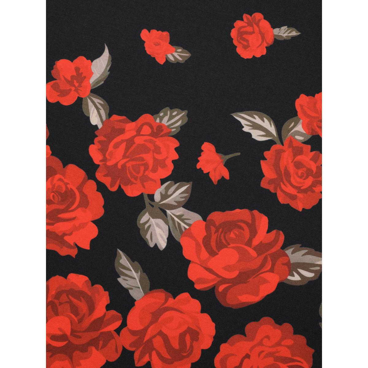 Plus Size Floral Hem V-Neck Stretchy T-shirt Black Women Elegant Contrast Natural Flowers V-neck Everyday T-shirts BloomChic 10/M Product Image