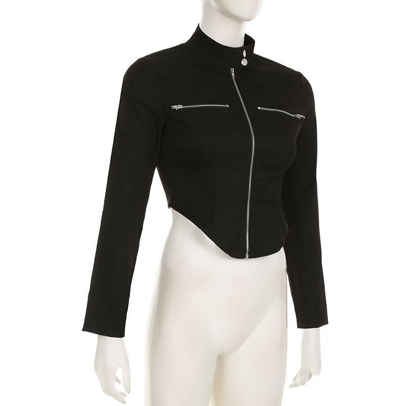 Stand Collar Plain Faux Leather Crop Zip  Jacket Product Image