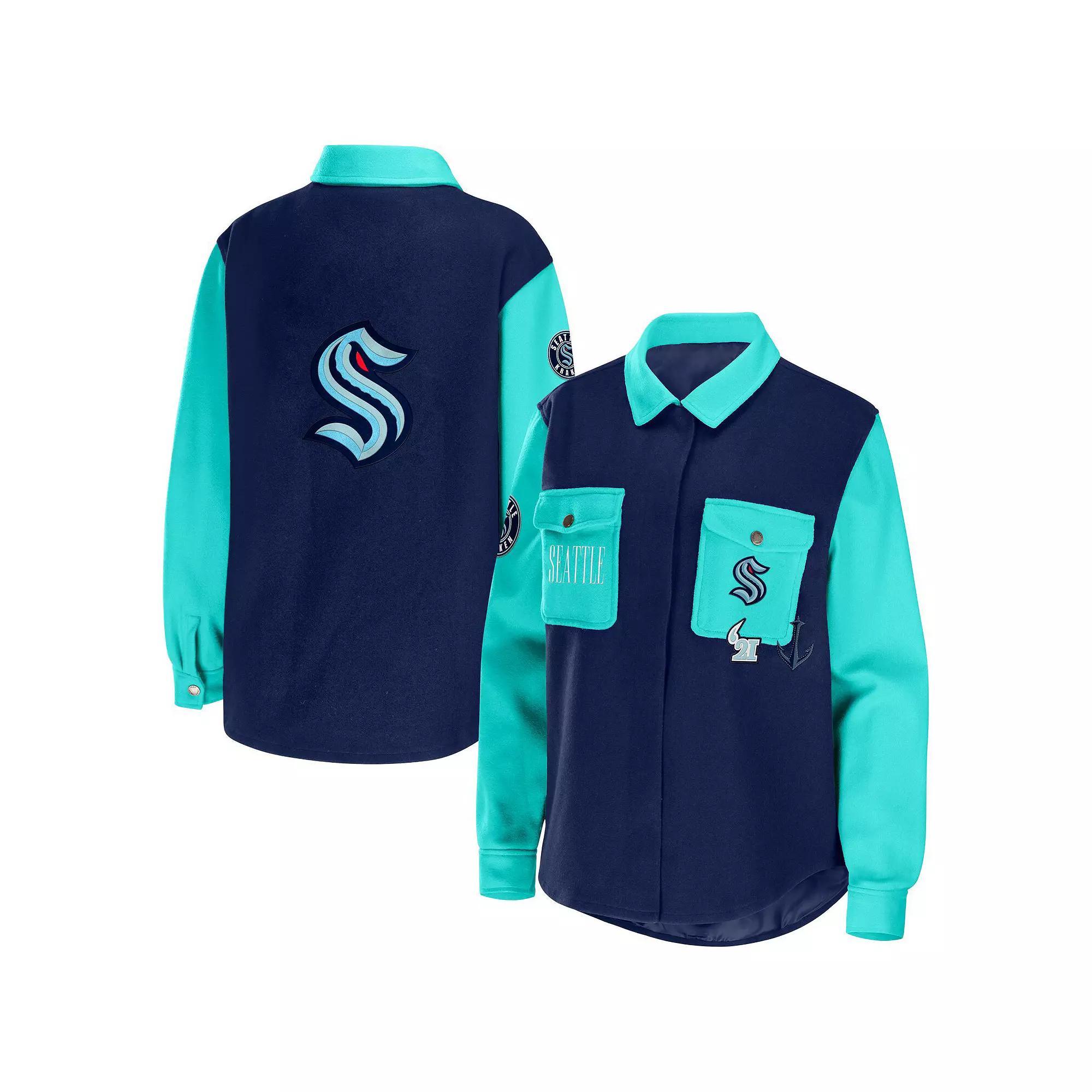 Women's WEAR by Erin Andrews Deep Sea Blue/Light Blue Seattle Kraken Colorblock Button-Up Shirt Jacket,  Product Image