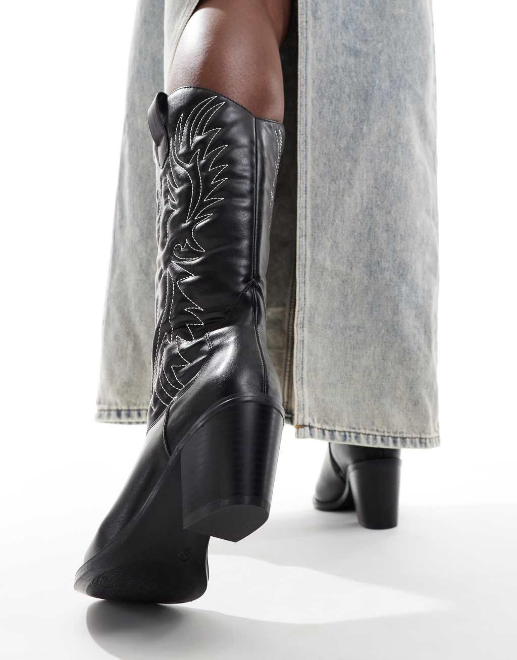 Glamorous Wide Fit western heeled knee boots in black Product Image