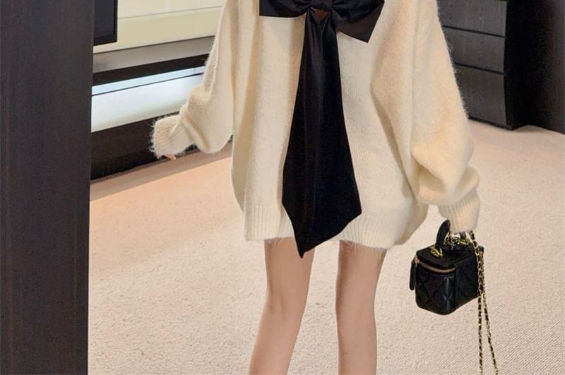 Boat Neck Two Tone Bow Back Oversized Sweater Product Image