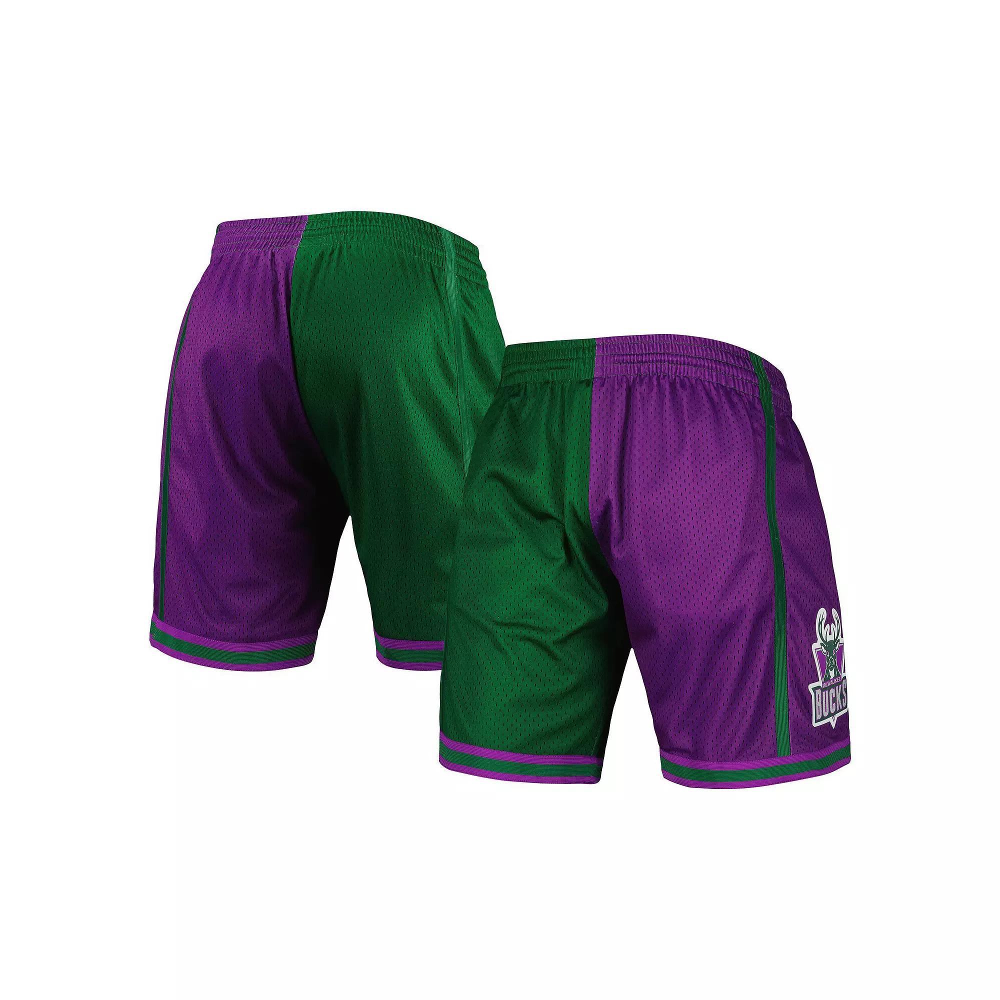 Men's Mitchell & Ness Green/Purple Milwaukee Bucks Hardwood Classics 1996 Split Swingman Shorts,  Product Image