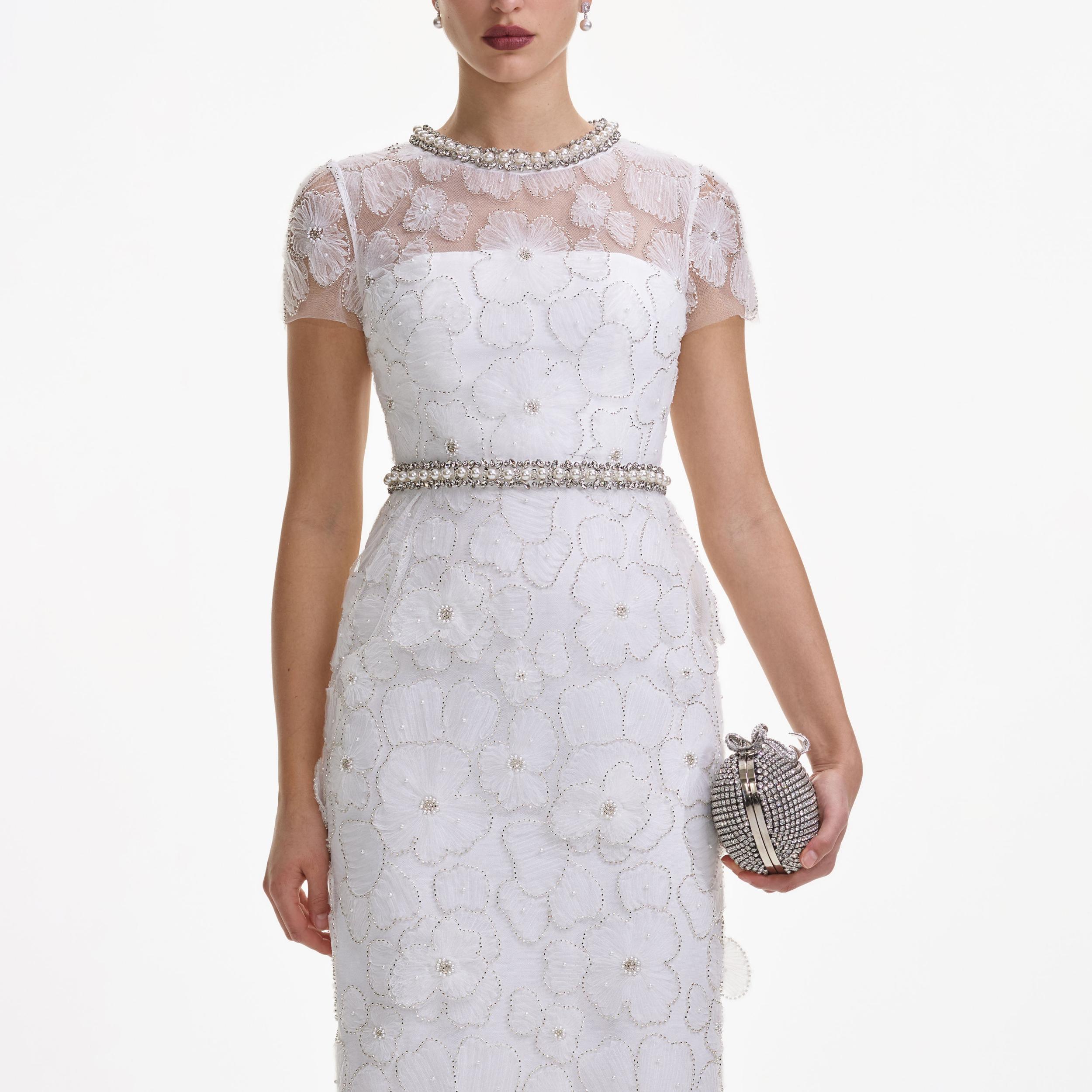 White Embellished Tulle Midi Dress Product Image