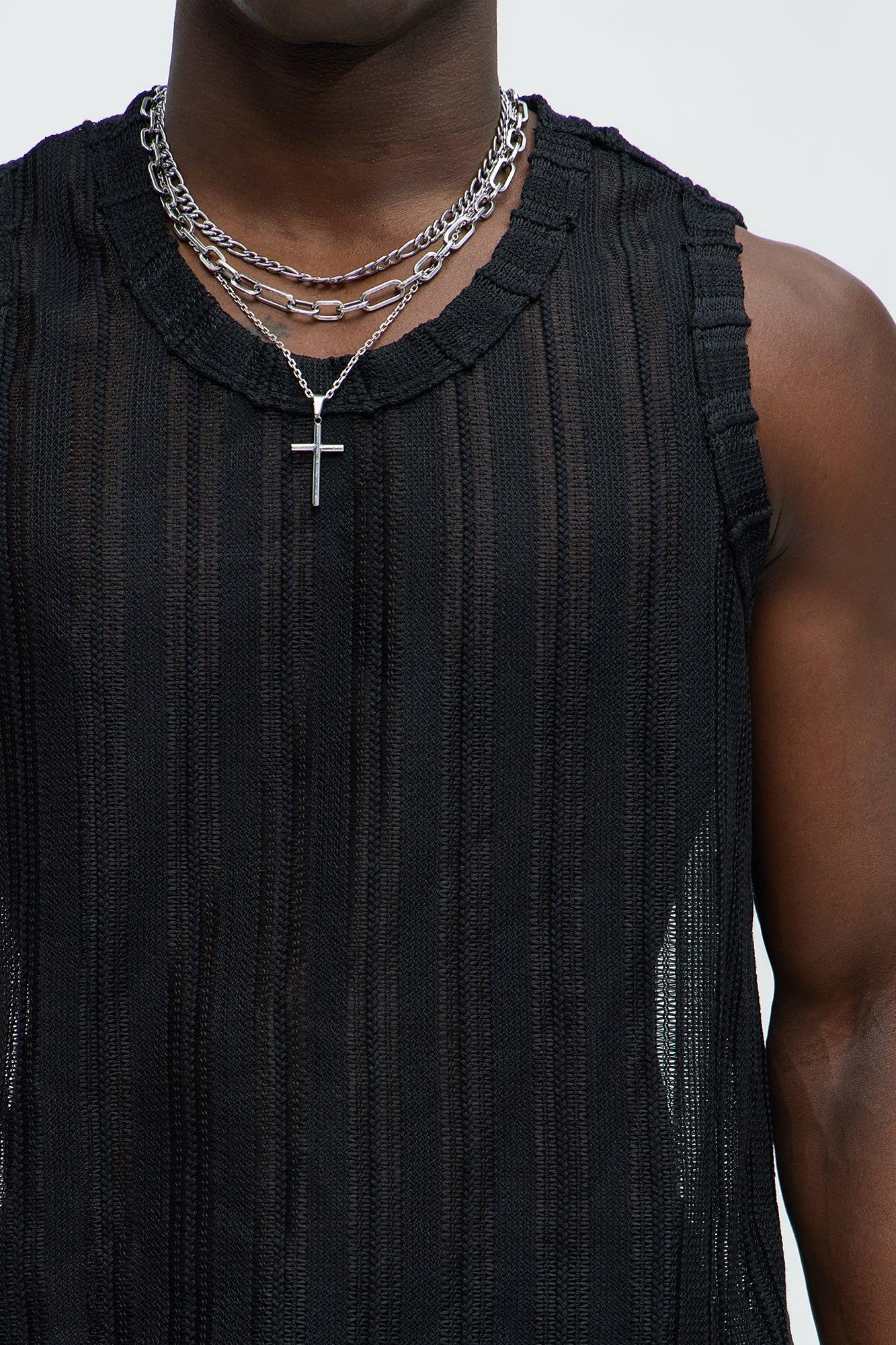 Striped Open Knit Tank - Black Product Image