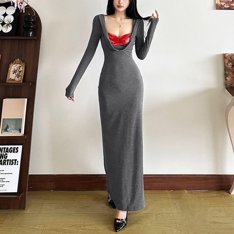 Long Sleeve Scoop Neck Plain Maxi Bodycon Dress Product Image