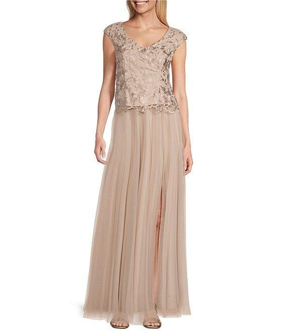 Alex Evenings V Neck Cap Sleeve Embroidered Bodice Stretch Tulle A Line Gown Product Image