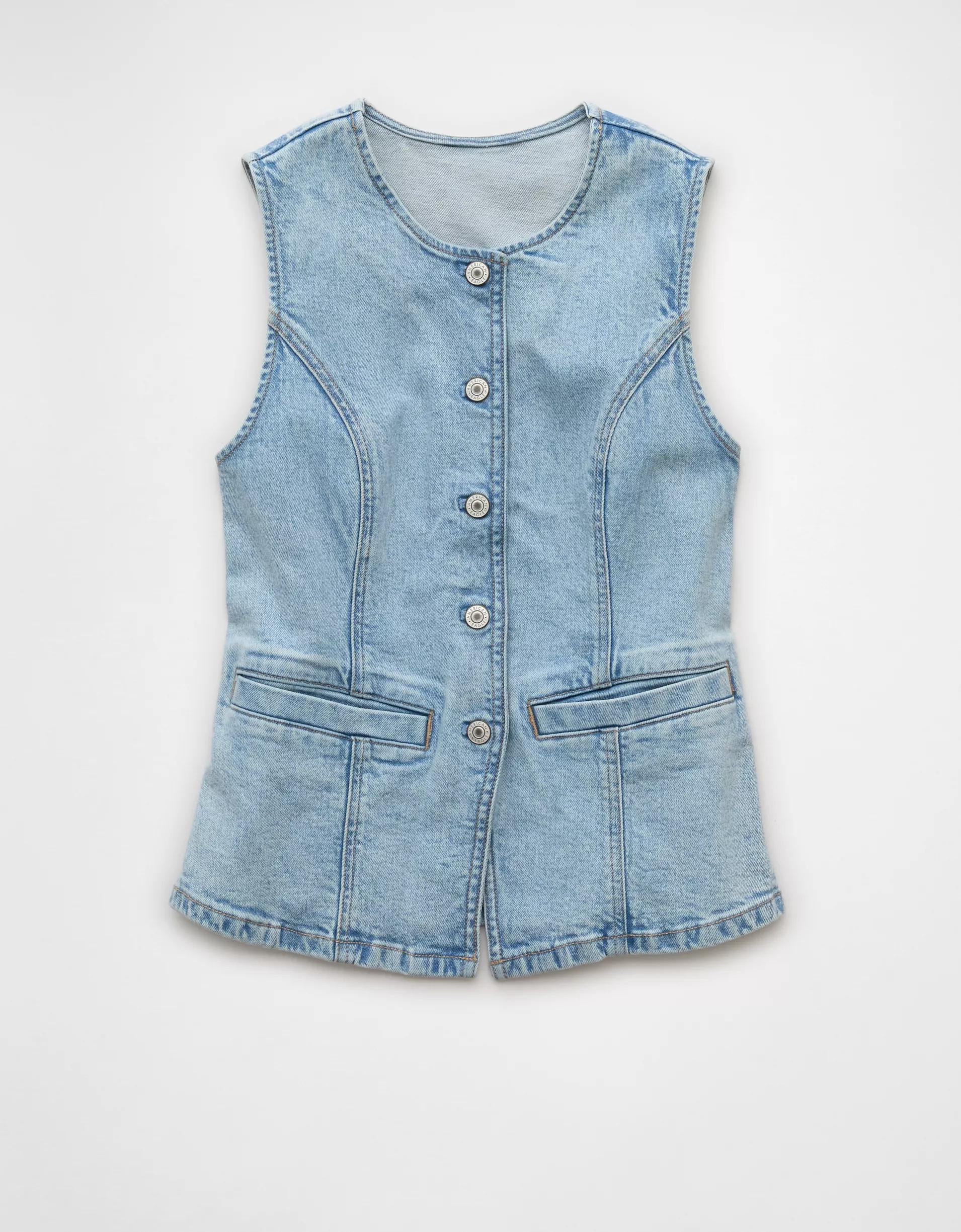 AE Crew Neck Button-Up Denim Vest Product Image