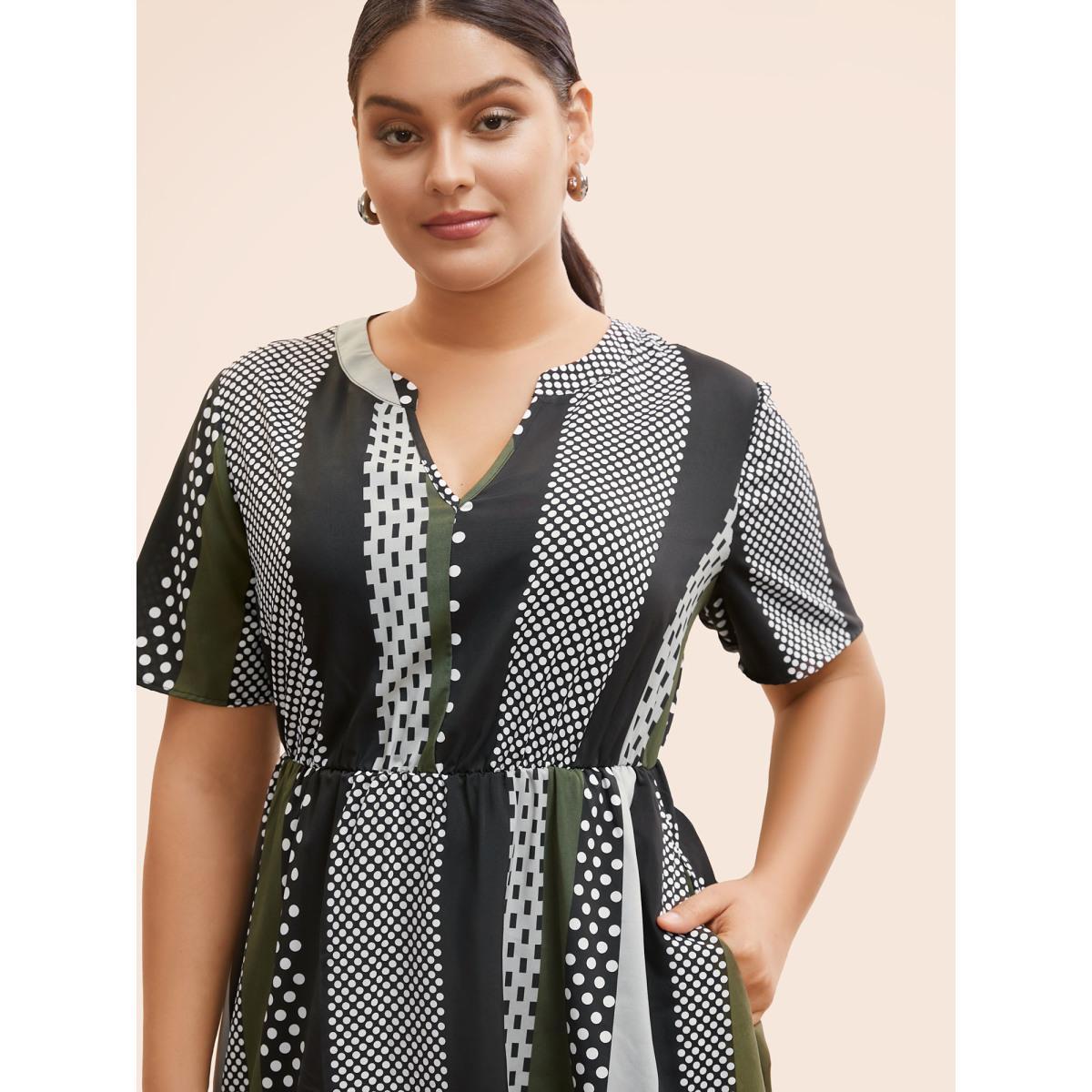 Plus Size Notched Geometric Patchwork Contrast Midi Dress ArmyGreen Women At the Office Non Flat collar with V-notch Short sleeve Curvy BloomChic 26/4X Product Image