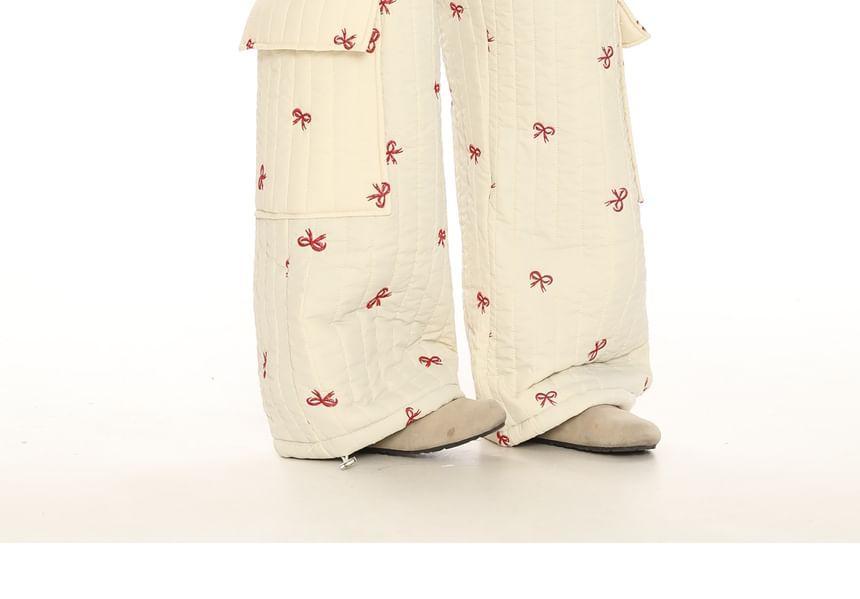 Drawstring Waist Bow Embroidered Quilted Wide Leg Cargo Pants Product Image