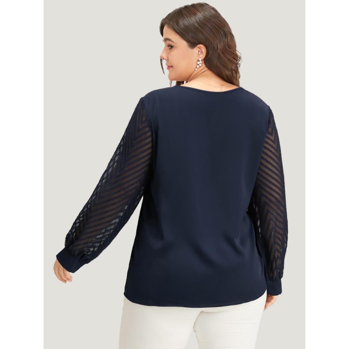 Plus Size Indigo Plain Keyhole Lace Patchwork Lantern Sleeve Blouse Women Office Long Sleeve Keyhole Cut-Out Work Blouses BloomChic 22-24/3X Product Image