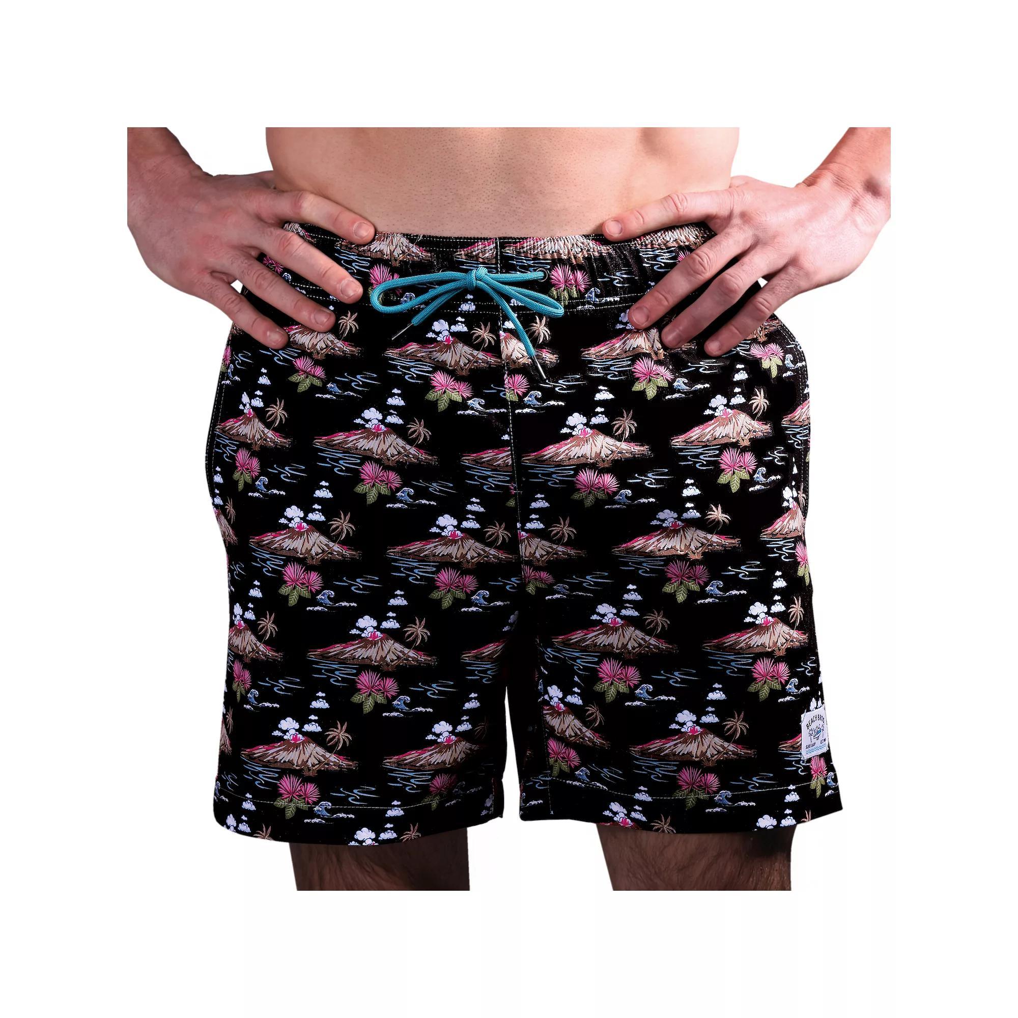 Men's Beach Bros 6.5-Inch Volcano Print 4-Way Stretch Mesh Lined Swim Trunks, Size: XL, Black Product Image