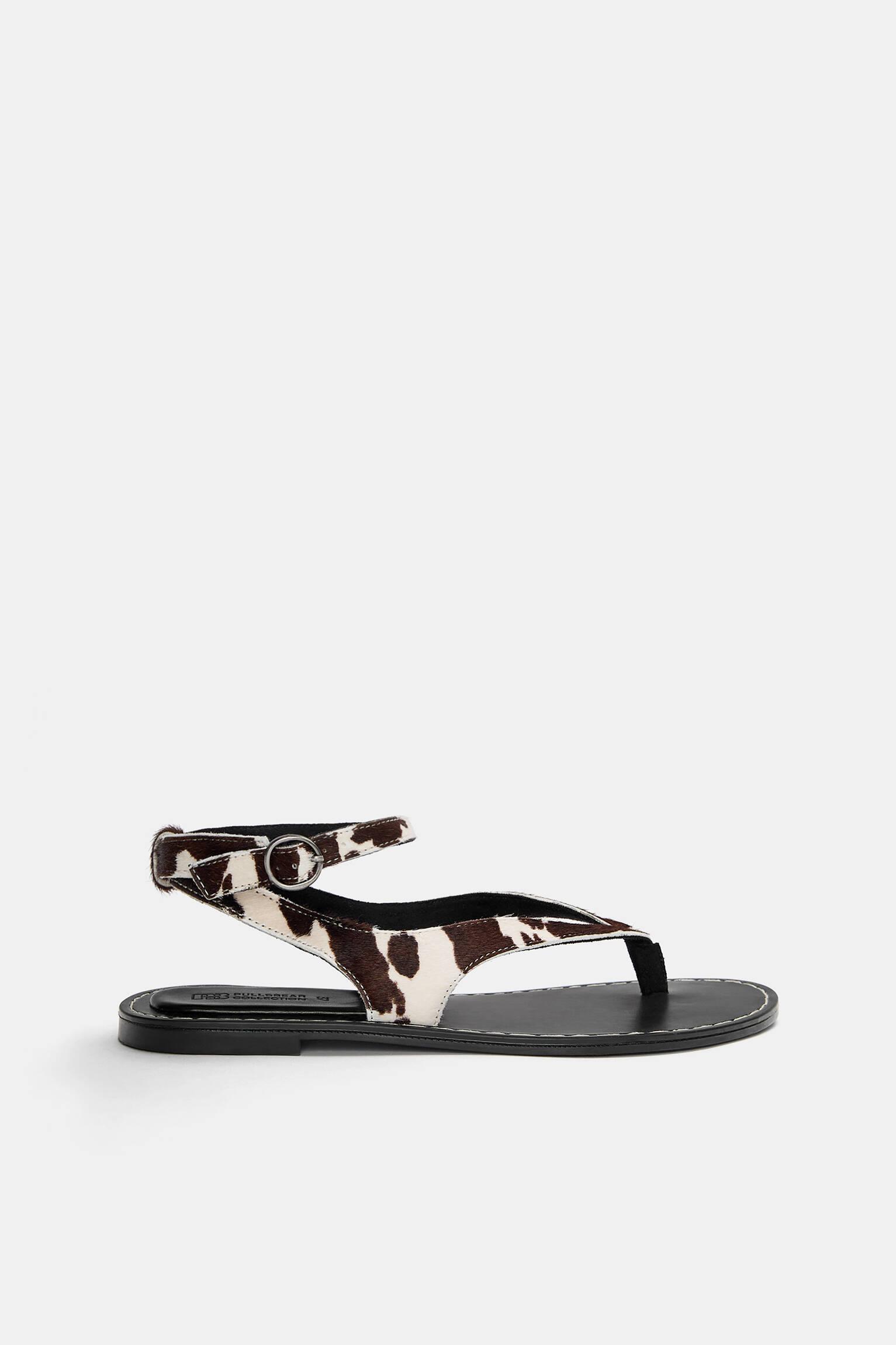 Leather cow print flat sandals Product Image