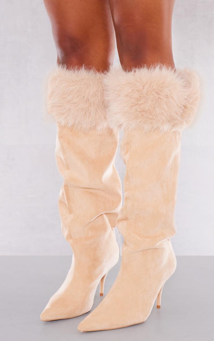 Camel Wide Fit Faux Suede Point Toe Faux Trim Knee High Heeled Boots Product Image