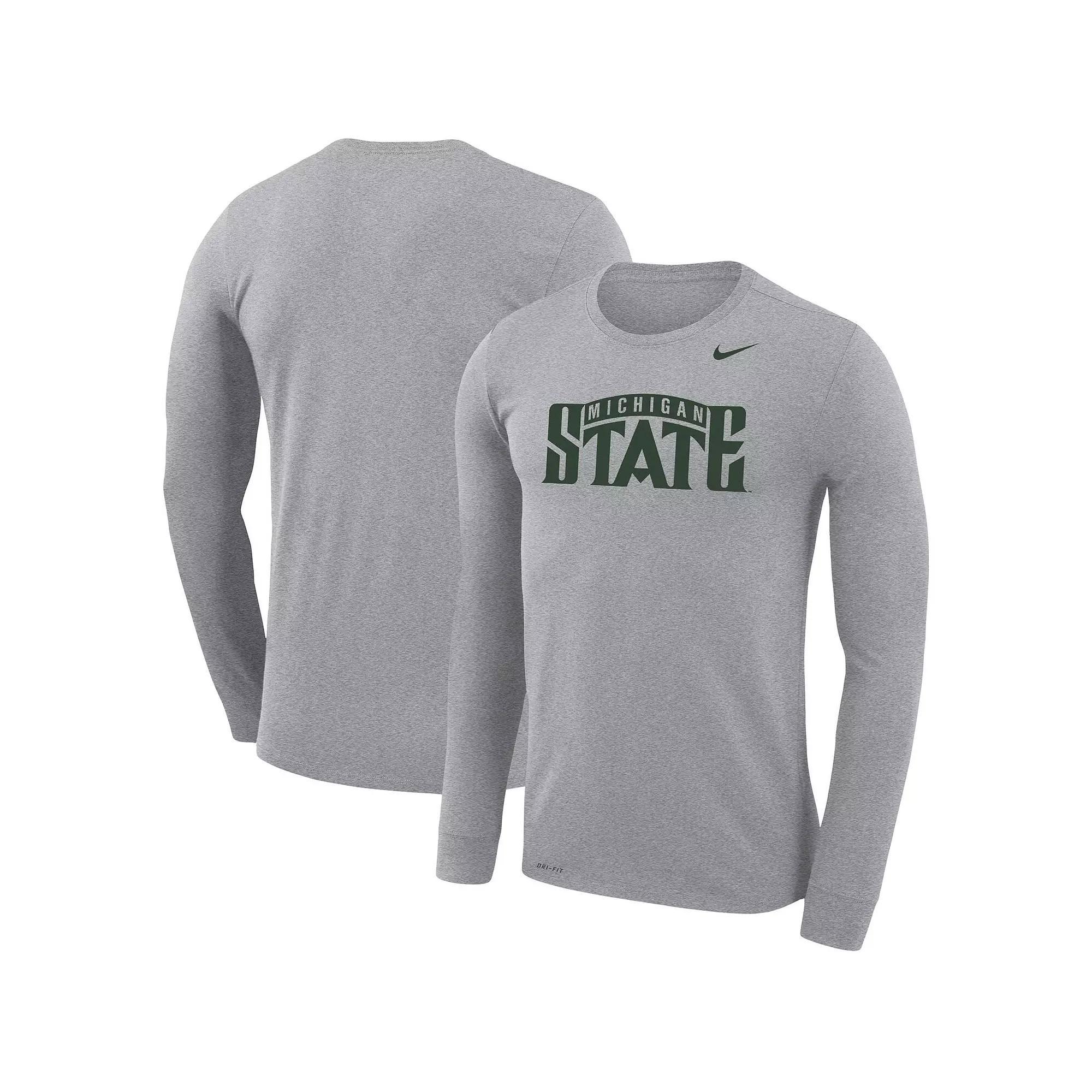 Men's Nike Heathered Gray Michigan State Spartans School Wordmark Logo Performance Legend Long Sleeve T-Shirt,  Product Image