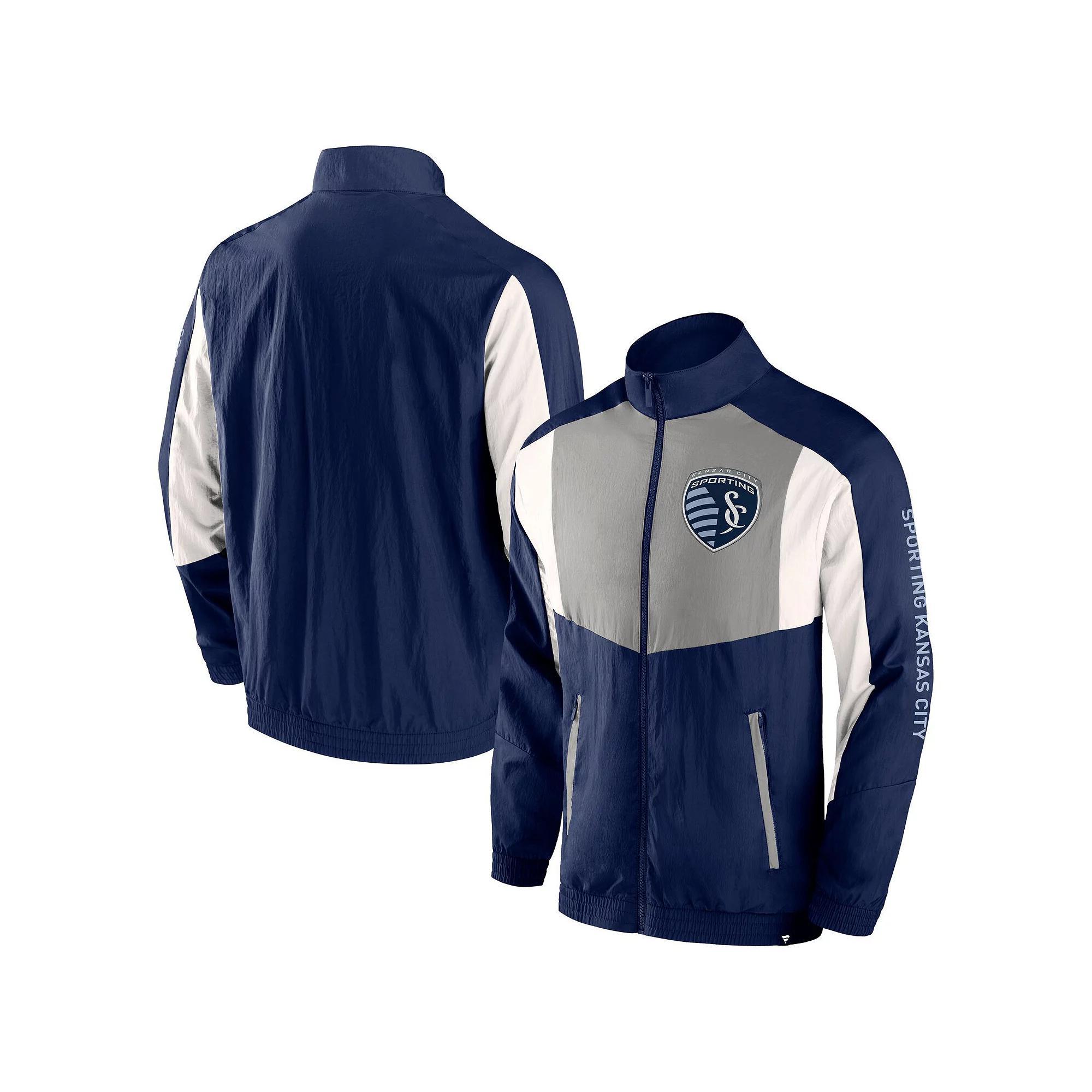 Men's Fanatics Branded Navy Sporting Kansas City Net Goal Raglan Full-Zip Track Jacket,  Product Image