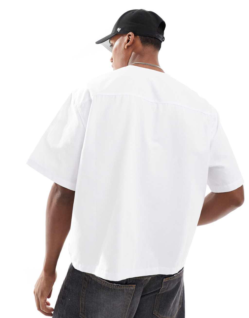 ASOS DESIGN oversized boxy shirt with baseball collar in white Product Image