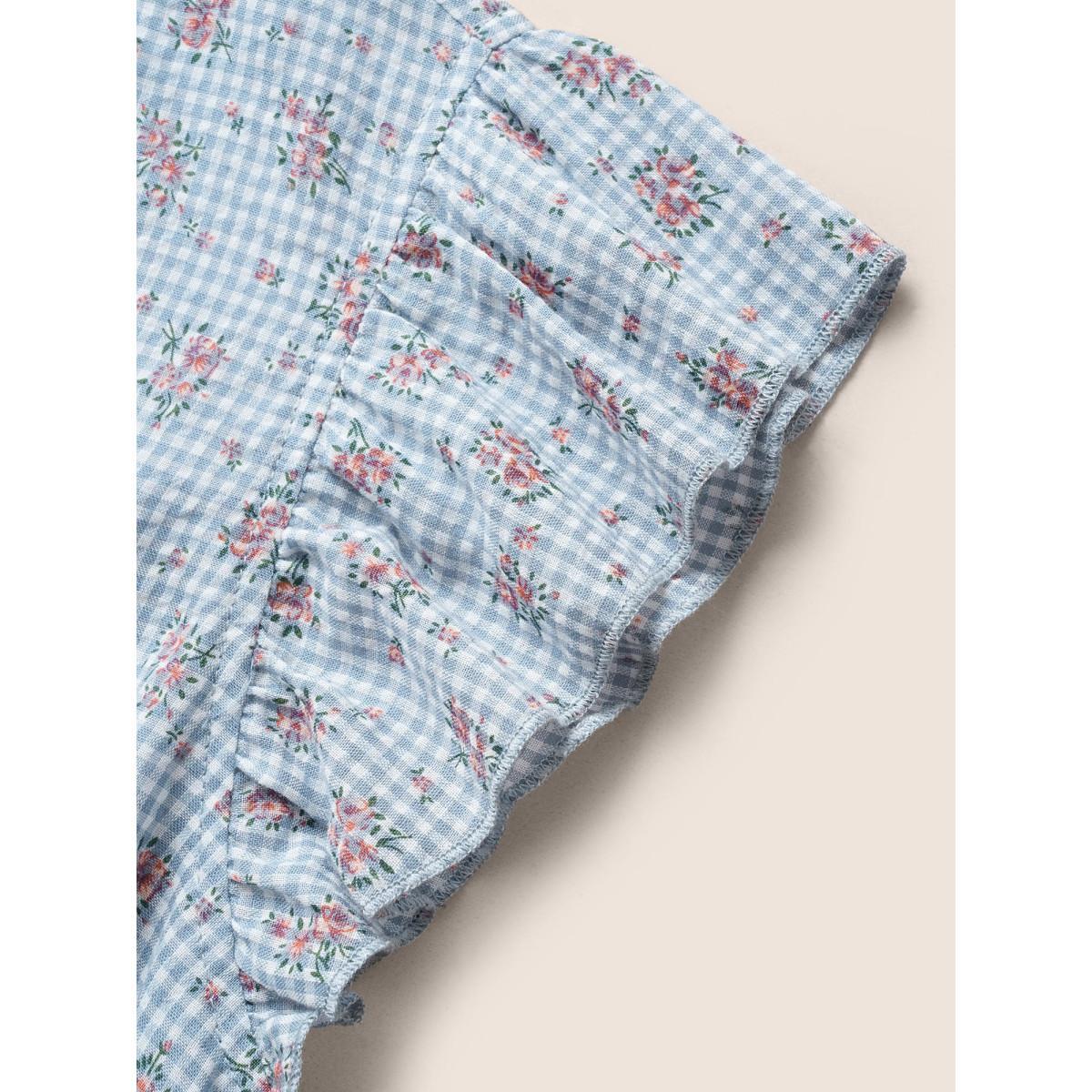 Plus Size LightBlue Gingham Ditsy Floral Ruffle Cap Sleeve Blouse Women Casual Cap Sleeve V-neck Everyday Blouses BloomChic 12/L Product Image