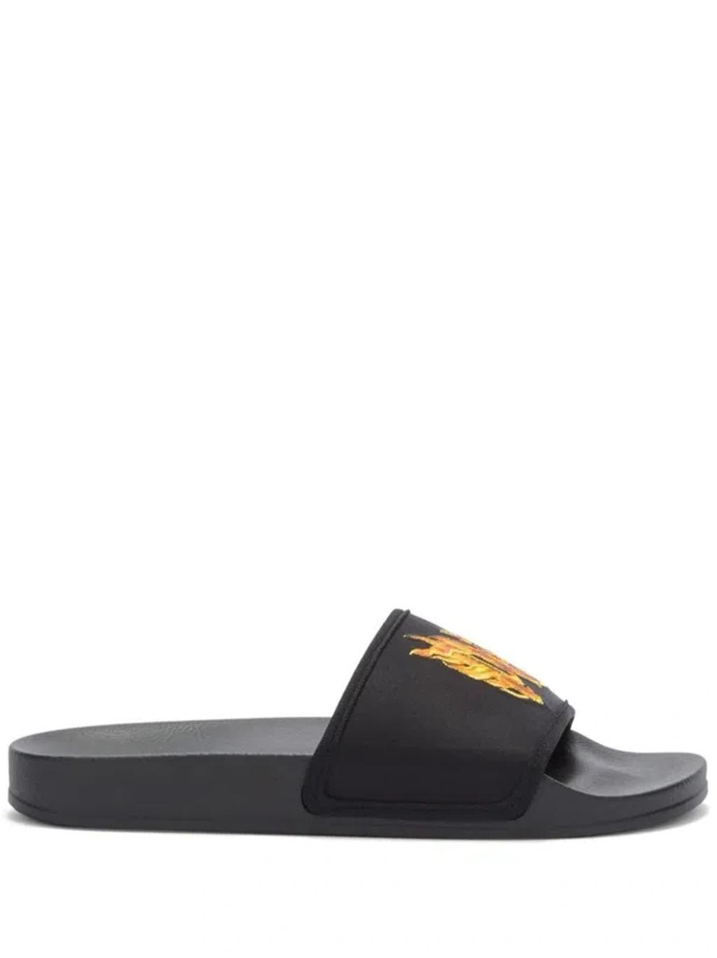 PALM ANGELS Flame Monogram-print Slides In Black,orange,gold Product Image