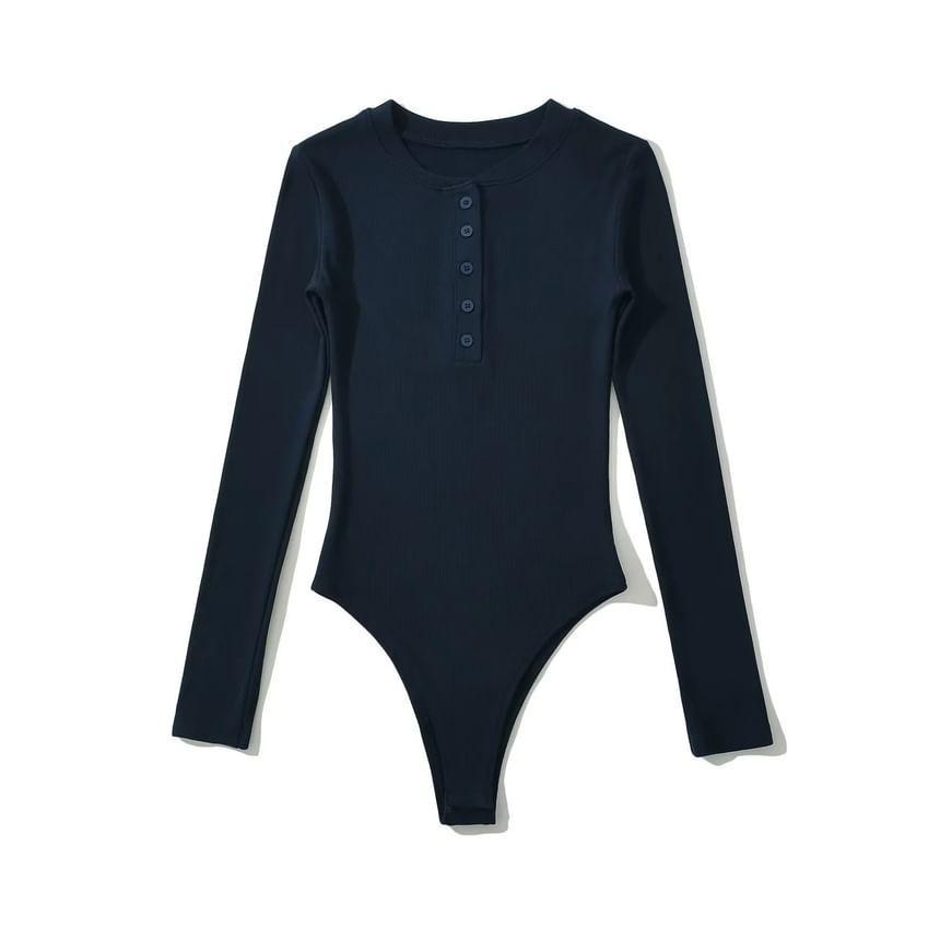 Long Sleeve Henley Round Neck Plain Bodysuit Top Product Image