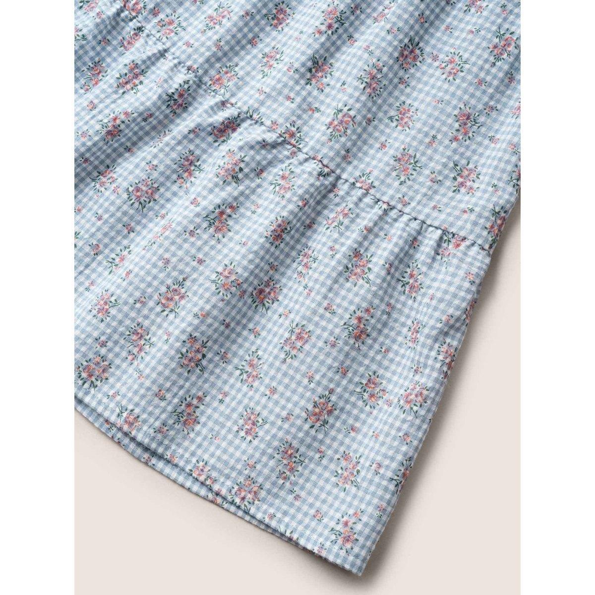 Plus Size LightBlue Gingham Ditsy Floral Ruffle Cap Sleeve Blouse Women Casual Cap Sleeve V-neck Everyday Blouses BloomChic 12/L Product Image