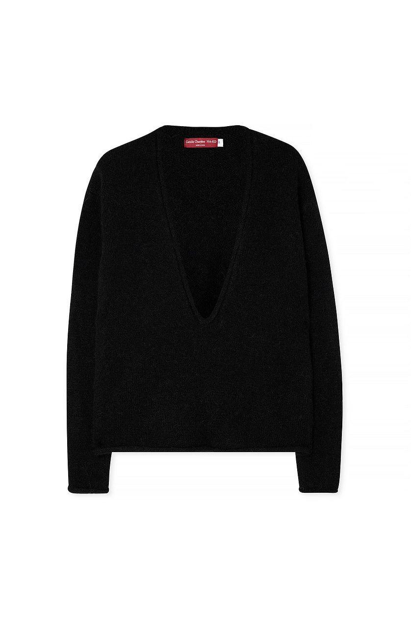 Knitted Deep V-neck Wool Blend Sweater Product Image