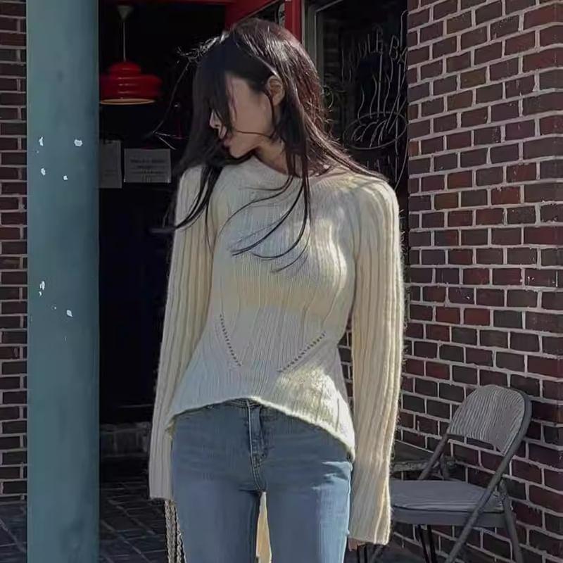 Crew Neck Cutout Tie Back Ribbed Sweater Product Image