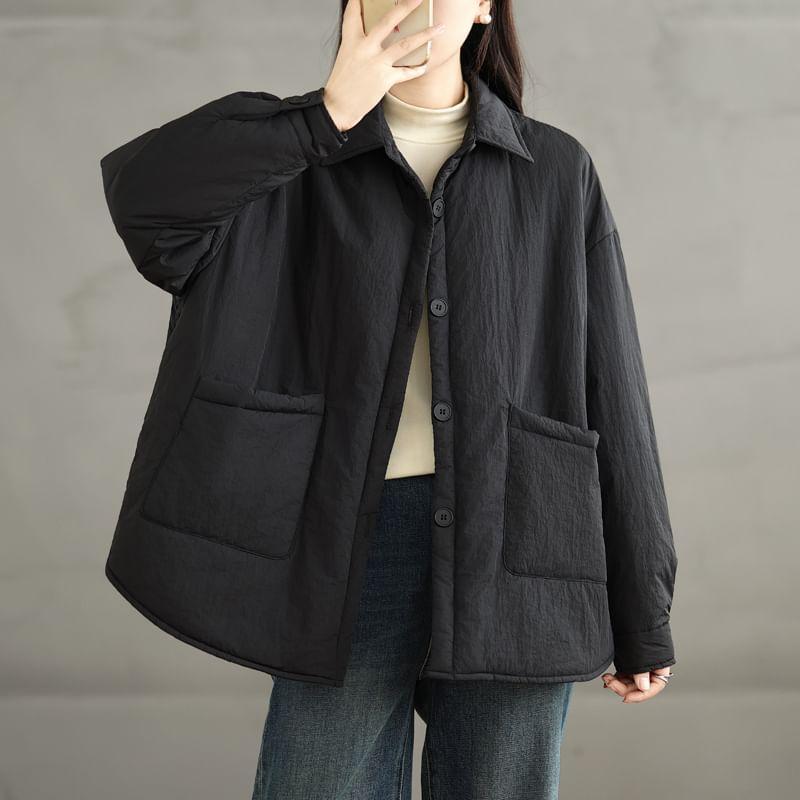 Collared Plain Padded Button-Up Jacket Product Image