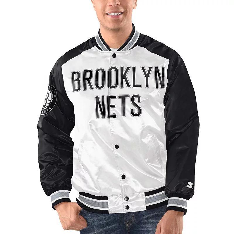 Men's Starter White/Black Brooklyn Nets Renegade Satin Full-Snap Varsity Jacket, Size: Medium Product Image