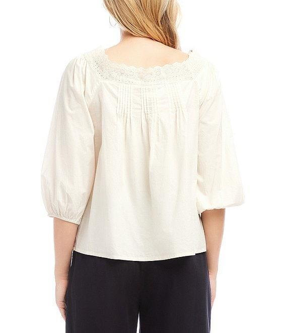 Karen Kane Embroidered Scalloped Square Neck 3/4 Sleeve Button-Front Blouse Product Image