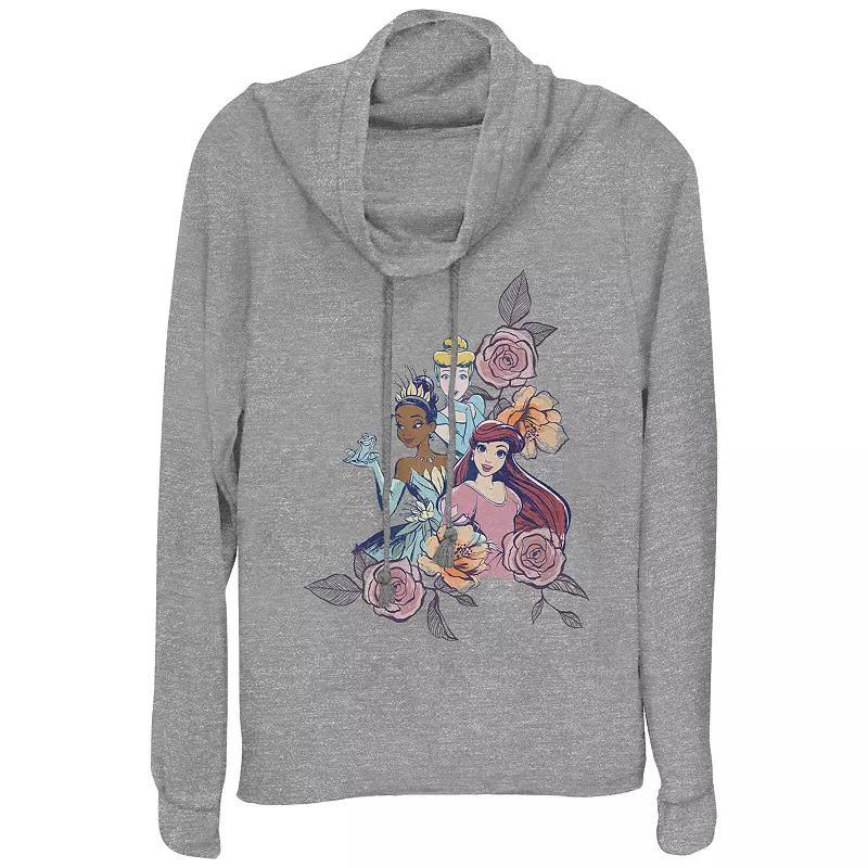 Disney Princesses Cinderella, Tiana & Ariel Floral Motif Women's Cowlneck Graphic Lightweight Long Sleeve, Girl's, Size: Medium, Gray Grey Product Image