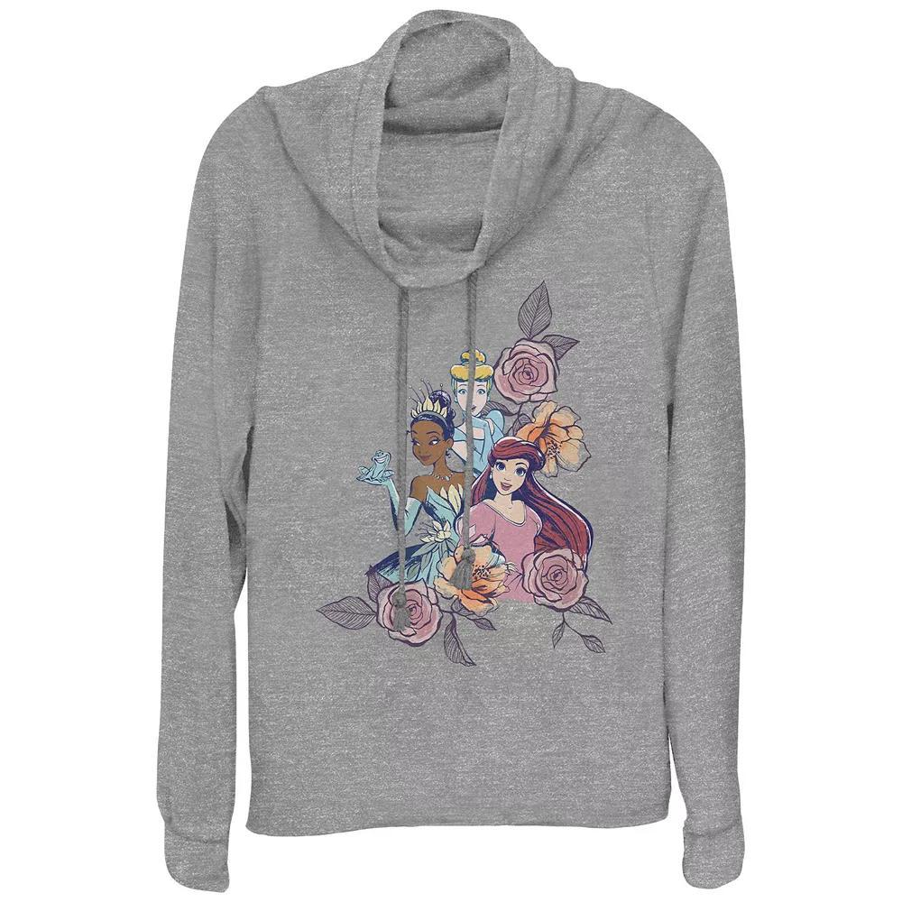 Disney Princesses Cinderella, Tiana & Ariel Floral Motif Women's Cowlneck Graphic Lightweight Long Sleeve, Girl's, Size: Medium, Gray Grey Product Image