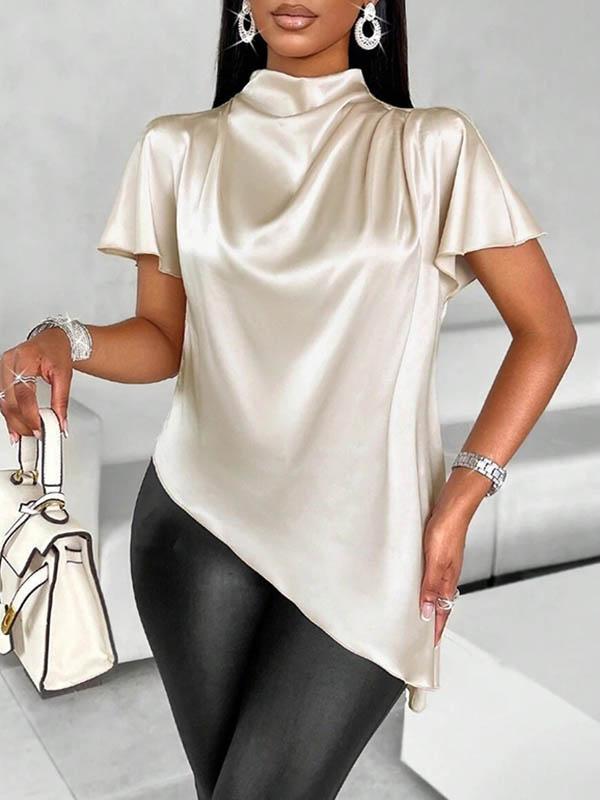 Loose Short Sleeves Asymmetric Solid Color Mock Neck Blouses&Shirts Tops Product Image