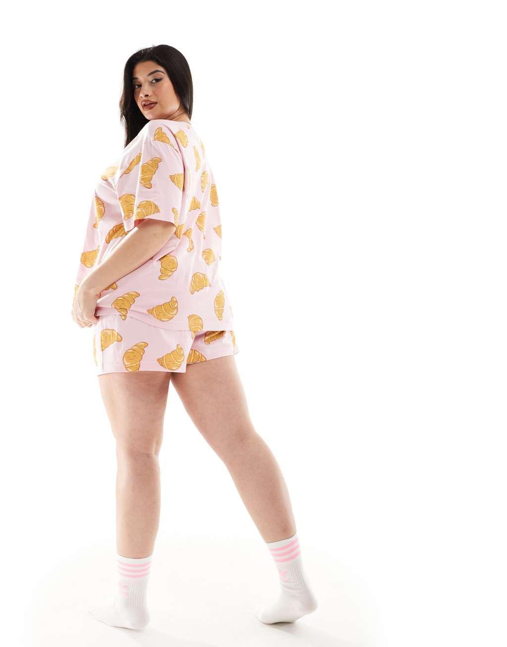 ASOS DESIGN Curve croissant oversized tee & shorts pajama set in pink Product Image