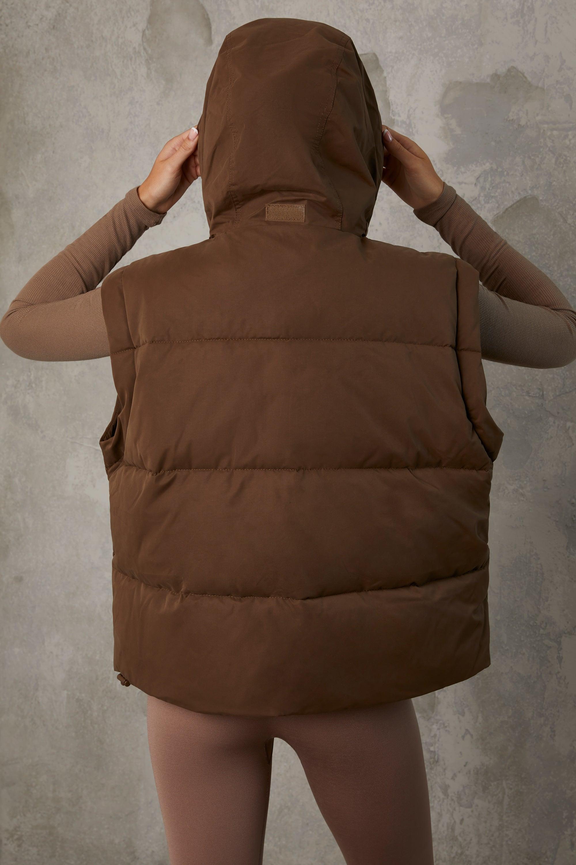 Cropped Puffer Jacket with Detachable Sleeves in Cocoa Brown Product Image