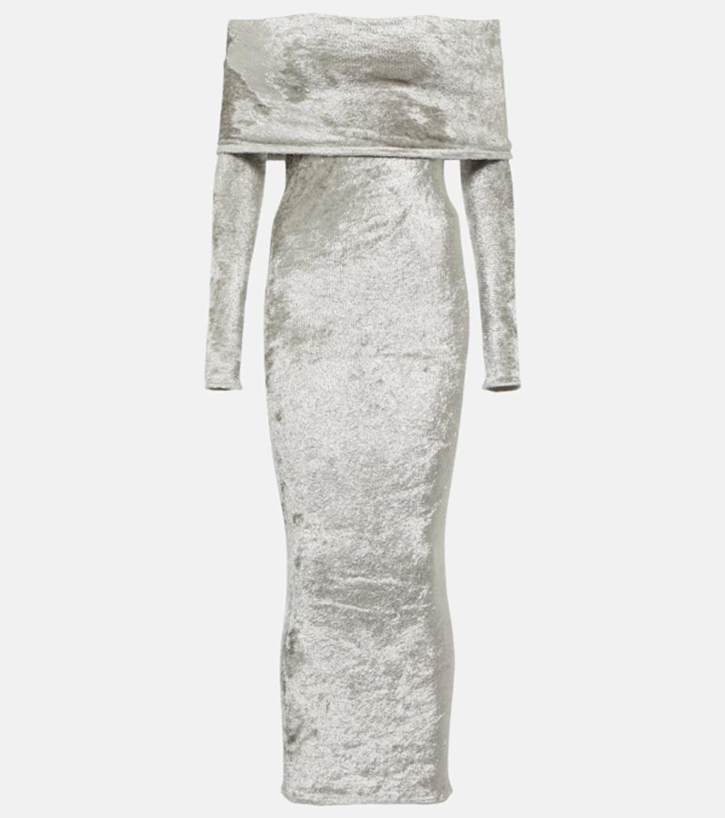 ALAÏA Off-shoulder Velvet Midi Dress In Silver Product Image