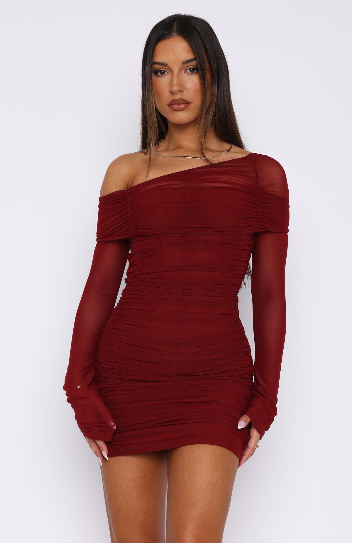 I Feel Love Long Sleeve Mini Dress Burgundy Product Image