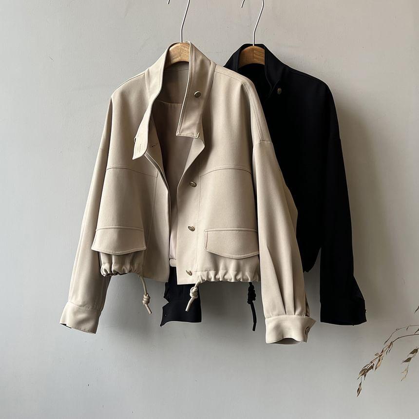 Stand Collar Plain Drawstring Hem Button Jacket Product Image