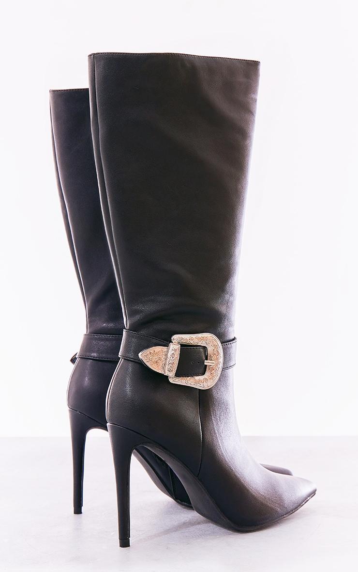 Black Faux Leather Point Toe Western Buckle Knee High Heeled Stiletto Boots Product Image