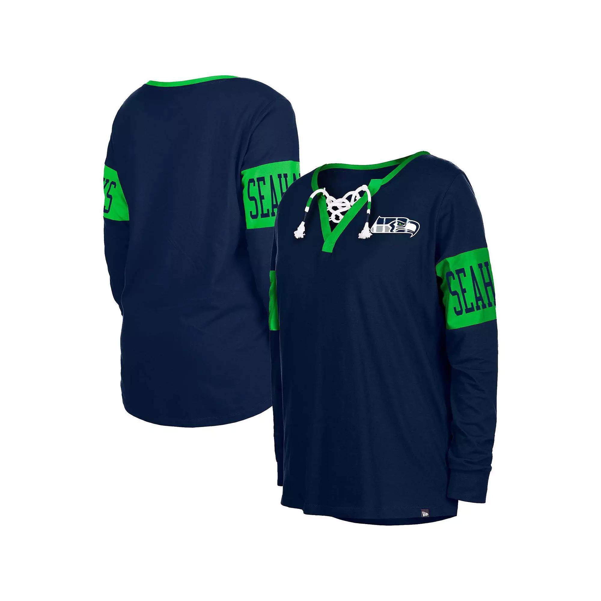 Women's New Era College Navy Seattle Seahawks Lace-Up Notch Neck Long Sleeve T-Shirt,  Product Image