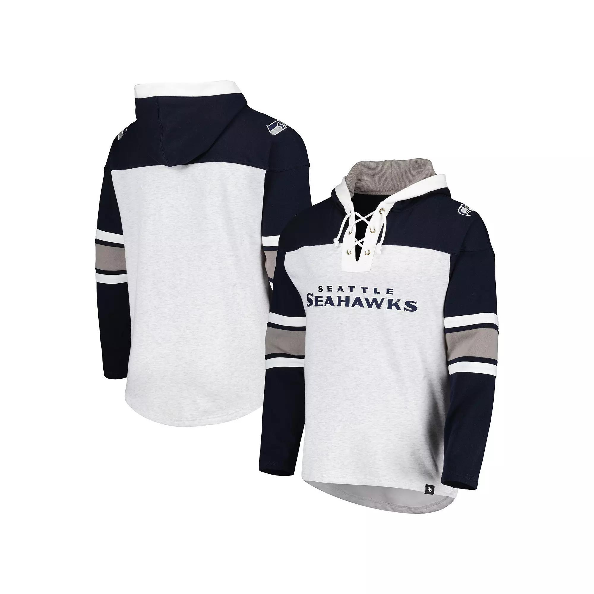 Men's '47 Seattle Seahawks Heather Gray Gridiron Lace-Up Pullover Hoodie, Size: XL, Grey Product Image