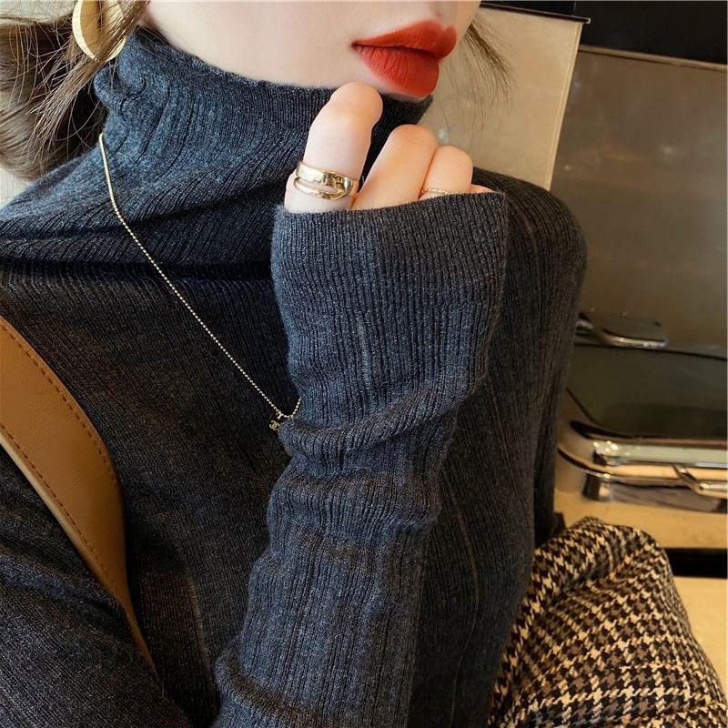 Turtleneck Plain Ribbed Knit Sweater Product Image