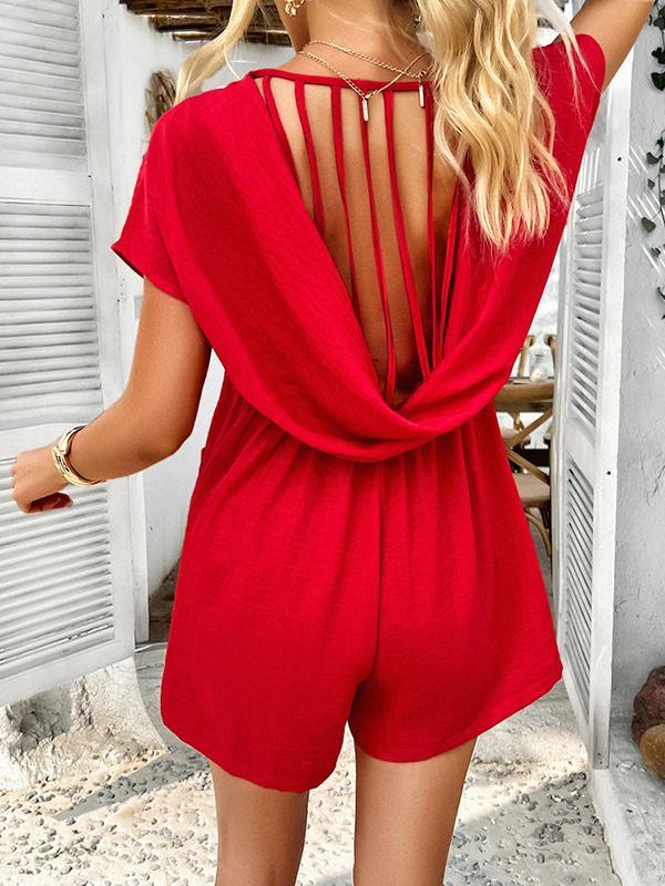 High Waisted Loose Backless Pockets Solid Color V-Neck Rompers Product Image