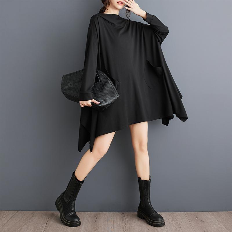 Long-Sleeve Asymmetrical Hooded Plain A-Line Dress Product Image