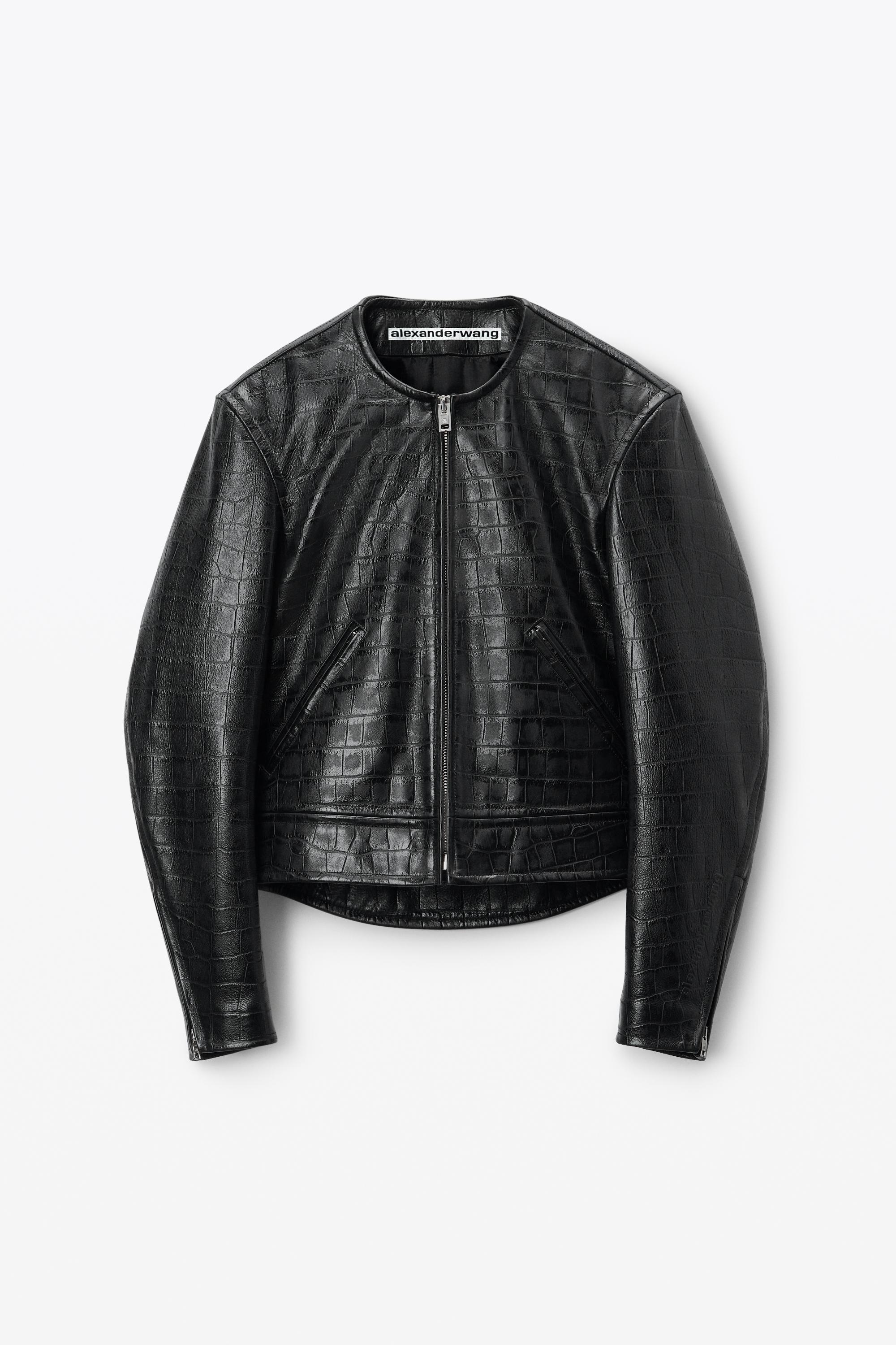 Collarless Croc-embossed Leather Jacket Product Image