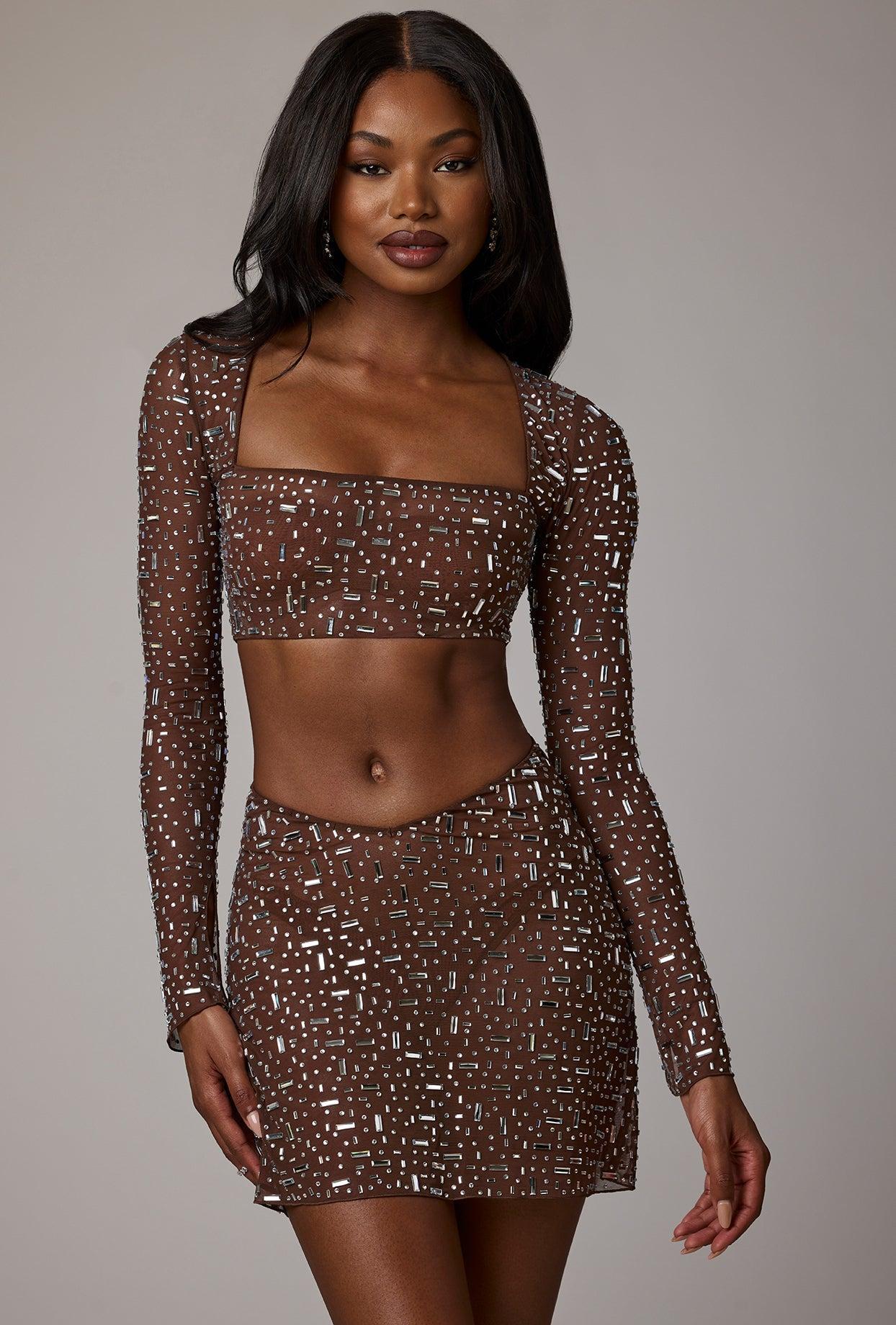 Sheer Embellished Long Sleeve Crop Top in Deep Cocoa Product Image
