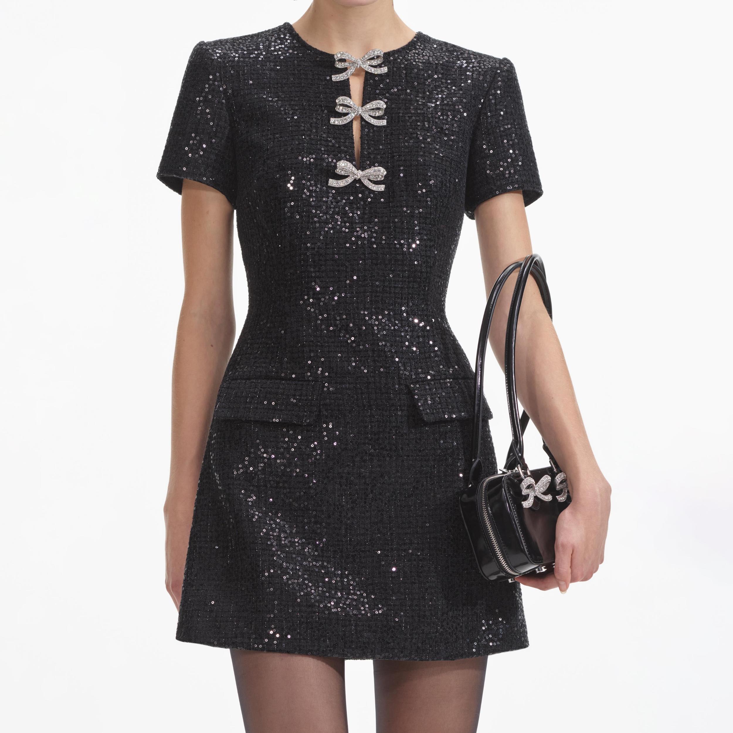 Black Boucle Bow Mini Dress Product Image