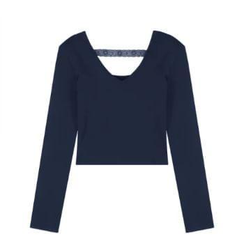 Long Sleeve V-Neck Plain Panel Lace T-Shirt Product Image