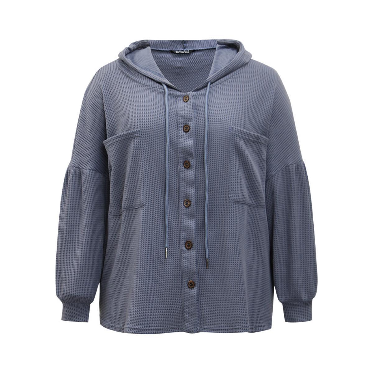 Plus Size Plain Texture Pocket Button Through Drawstring Hooded Jacket Women Stone Texture Pocket Dailywear Jackets BloomChic 12/L Product Image