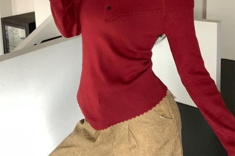 Long-Sleeve Off-Shoulder Plain Asymmetrical Knit Top Product Image