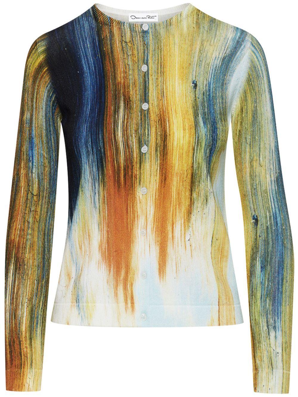 OSCAR DE LA RENTA Abstract Brushstroke-print Cotton-blend Cardigan In Calendula Multi Product Image